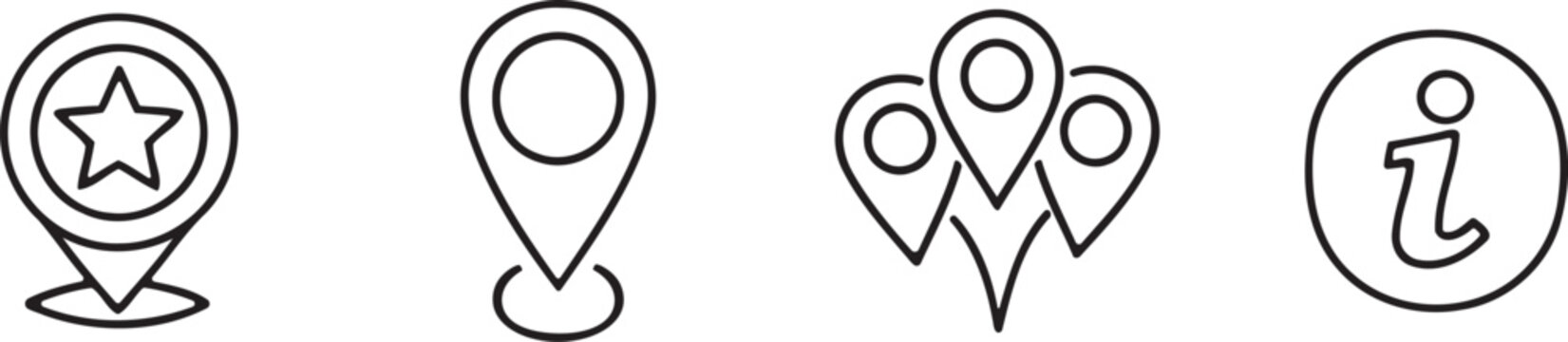 Line art icons representing location information and points of interest for map applications