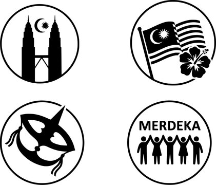 Malaysia National Icons Featuring Twin Towers Flag Hibiscus Flower and Merdeka Day Symbols