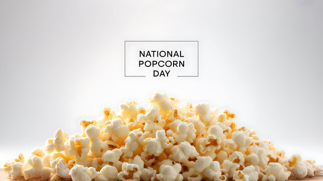 National Popcorn Day celebration with a pile of freshly popped popcorn against a neutral background
