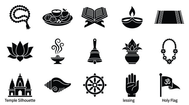 Collection of Hindu religious symbols and icons representing spirituality and worship.