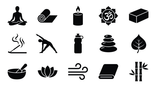 Collection of black icons representing yoga, meditation, and wellness activities.