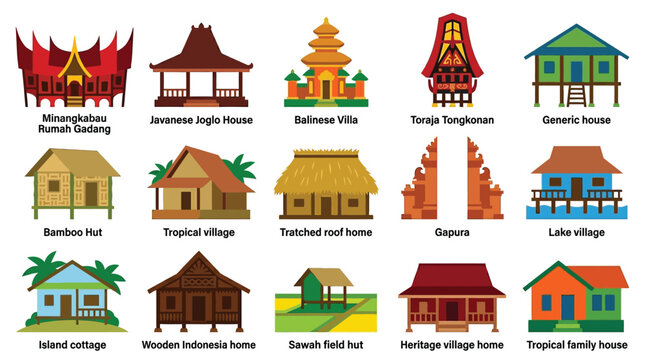 Collection of Traditional Indonesian Houses and Village Architecture Styles.