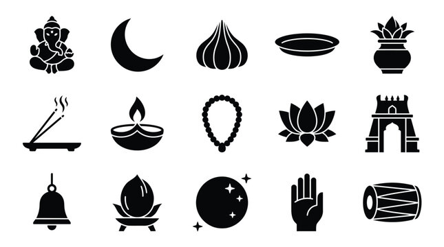 Collection of Hindu religious icons and symbols, representing deities, rituals, and cultural elements.
