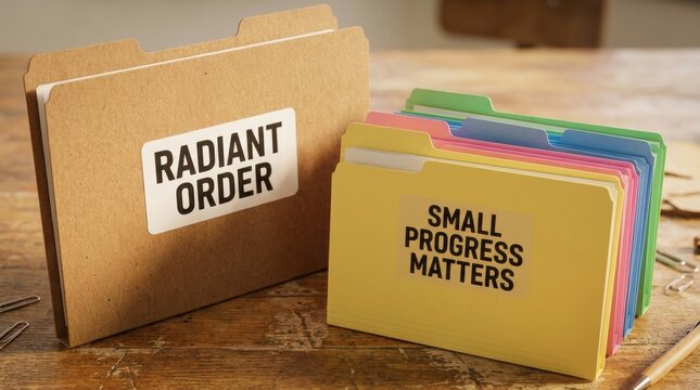 Brown cardboard file boxes with colorful tabs and motivational labels on wooden desk