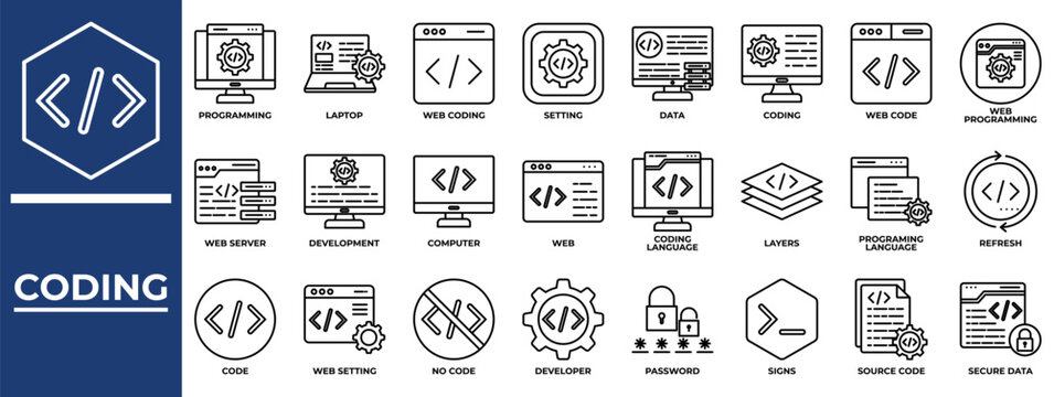 Coding icon set collection. Containing layers, signs, www, server, monitor, plan, programming .Line vector icons collection