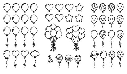 Hand drawn balloon outline vector set with doodle party icons and coloring page templates © sobuj