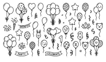 Trendy balloon doodle vector bundle with outline party icon and coloring page set © sobuj