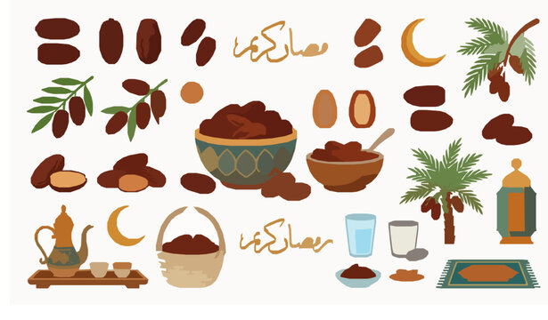 Modern Ramadan date fruit collection with kurma iftar and Arabic vector food symbols