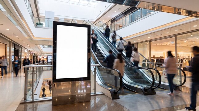 Blank digital billboard screen mockup in a modern shopping mall interior with blurred people and escalators, ideal for advertising and promotion displays