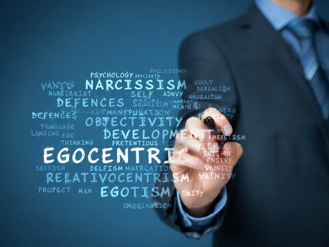AI generated business psychology concept with egocentric personality keywords and narcissism analysis in modern corporate communication environment