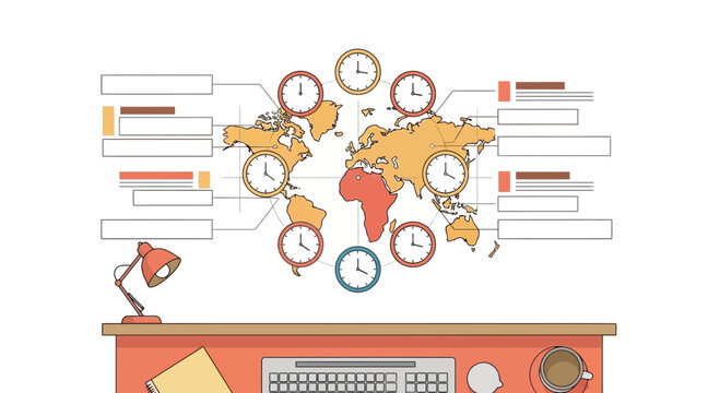 World map with clocks and desk illustration for time zone concepts