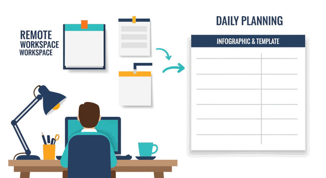 Remote workspace with daily planning infographic and template illustration