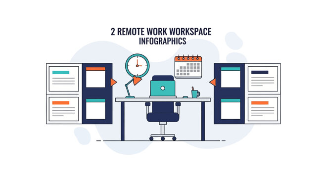 Remote workspace infographics illustration of home office setup and elements