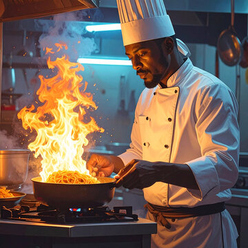 Professional chef flamb&eacute;ing pasta dish