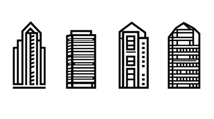 Fototapeta premium Four black and white stylized illustrations of buildings or skyscrapers on a white background