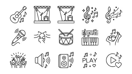 Music Icons Set: Guitar, Microphone, Drum, Keyboard, Speaker, Stage Lights, Notes, Play Button © Tempe