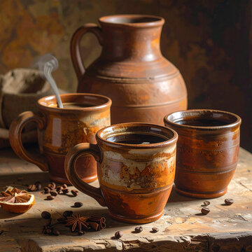 Hot beverages in rustic mugs.
