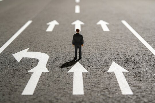 Miniature businessman at road with directional arrows
