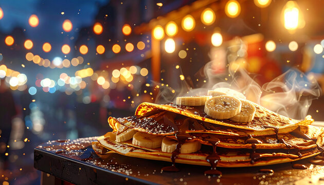 Steaming chocolate crepes with bananas