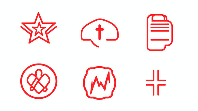 Six simple red line icons depicting a star, thought bubble with cross, notepad, circle with knot, waveform, and crosshairs