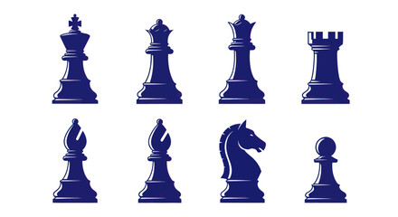 Dark Blue Chess Pieces Set Isolated on White Background © anis