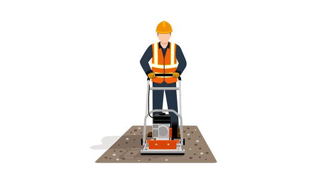 Construction worker operating a plate compactor on a construction site for road work.