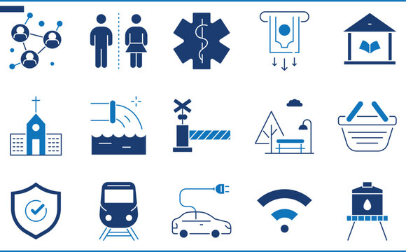 A set of icons related to Public Services. Communication, payment, library, church, park, and so on.