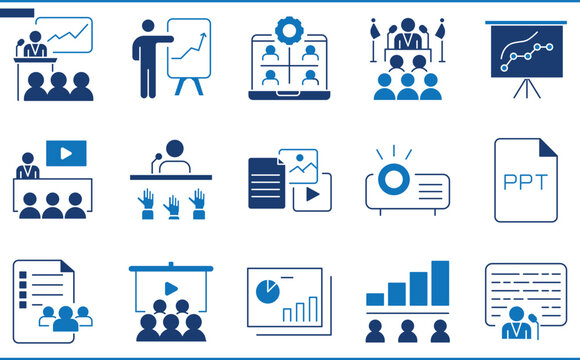 A set of icons related to Business Presentation. Present, online, video, presentation, projector, slides, political, and so on.