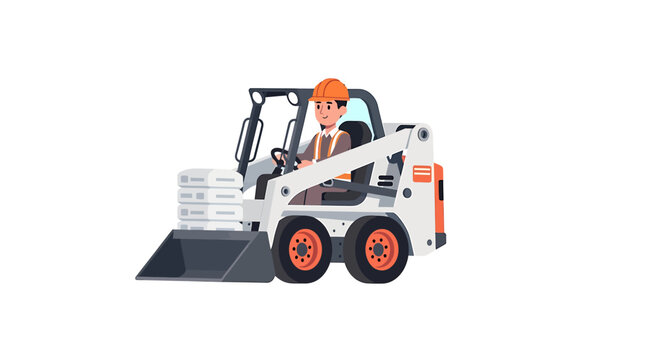 Construction worker operating a white skid steer loader with a full bucket.