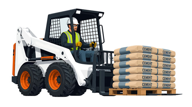 Construction worker operating a skid steer loader carrying cement bags.