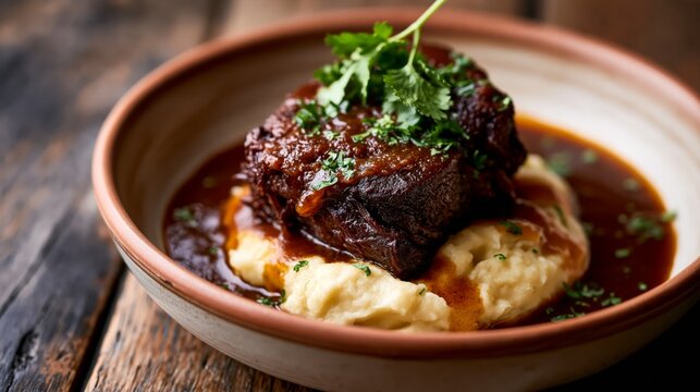 slow braised pork cheek confit with mashed potato and rich sauce