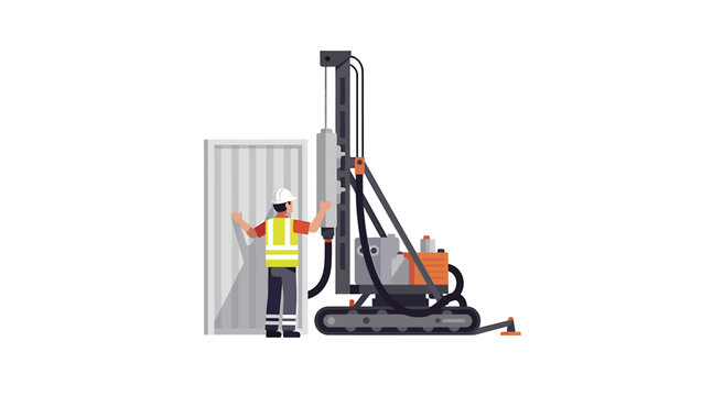 Construction worker operating drilling machine on industrial site with safety gear.