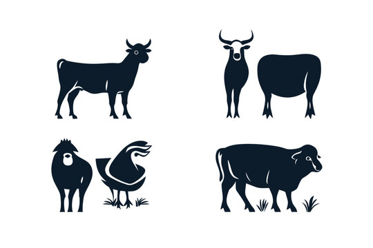 Silhouetted farm animal illustrations arranged in a 2x2 grid on a white background