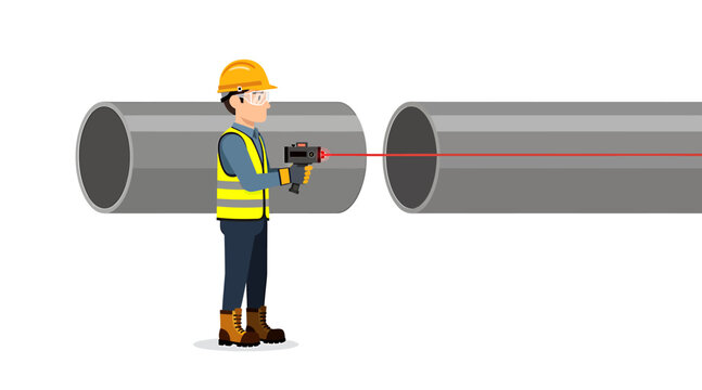 Construction worker using laser level to align pipes for project.