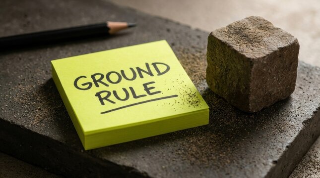 Yellow sticky note with handwritten text ground rule underlined placed on a textured surface next to a rough stone cube