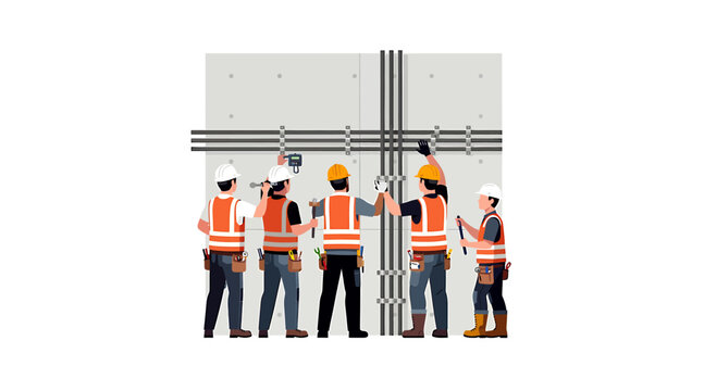 Construction workers team working together on a building site.