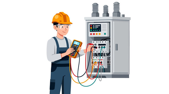 Electrician using a multimeter to test electrical equipment in a control panel.