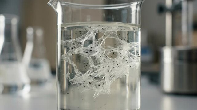 Water purification chemistry green membrane filter microplastic fiber porous membrane laboratory beaker demonstrating microfiltration and clean