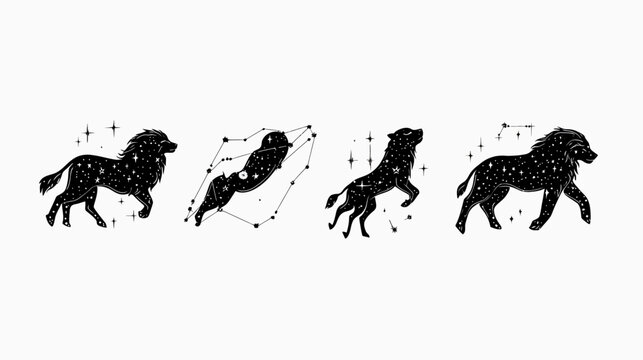 Four black lion silhouettes with starry skies within their forms, plus constellations on a white background