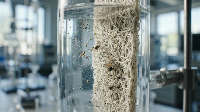 Water purification chemistry green membrane filter column laboratory roots biofilm sediment capturing particles fibers filtration process clear