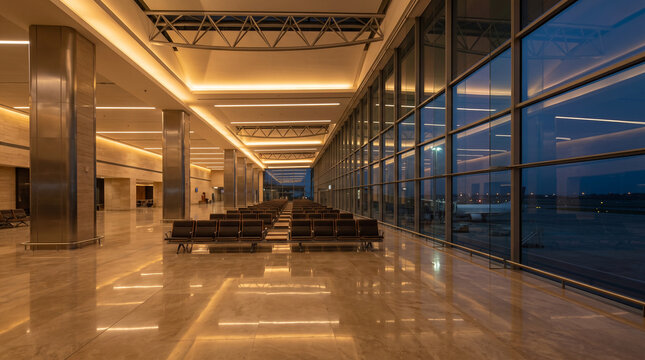 Glass Walled Airport Departure Hall With Polished Stone Floors And Warm Architectural Lighting For Travelers