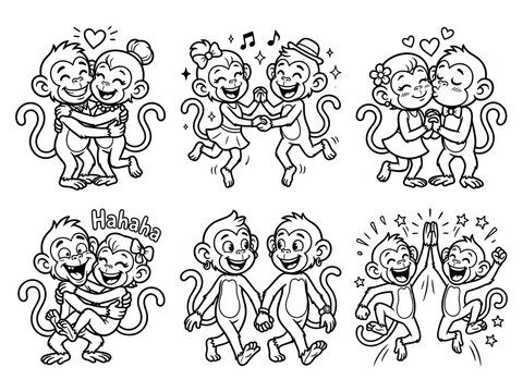 Cute monkey couple character set coloring page for kids vector illustration