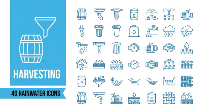 Minimalist vector icons illustrating rainwater harvesting systems and methods