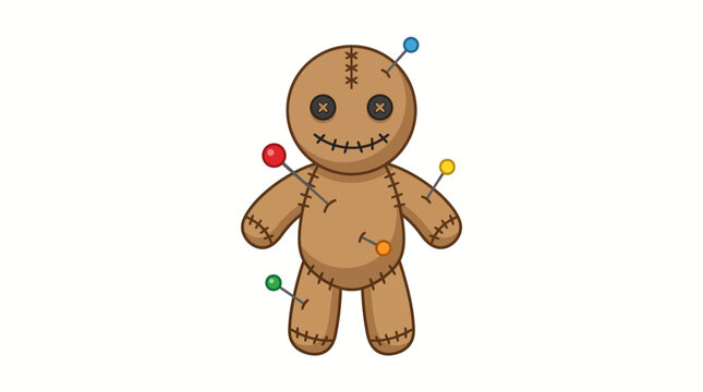Colorful Voodoo Doll Illustration with Pins on White Background