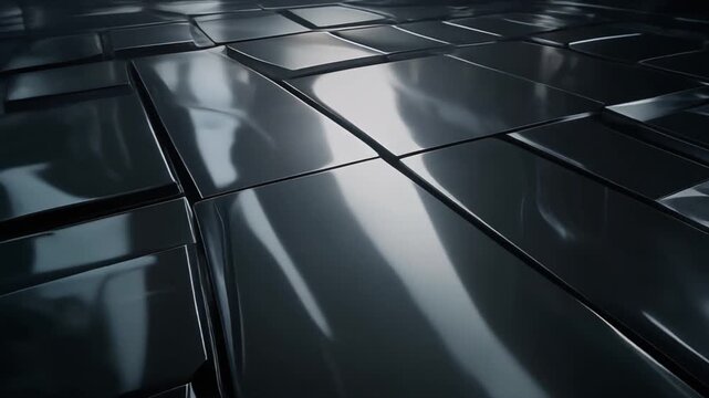 Geometric black chrome plates shifting with realistic reflections. Abstract 3d tech background for commercial use.