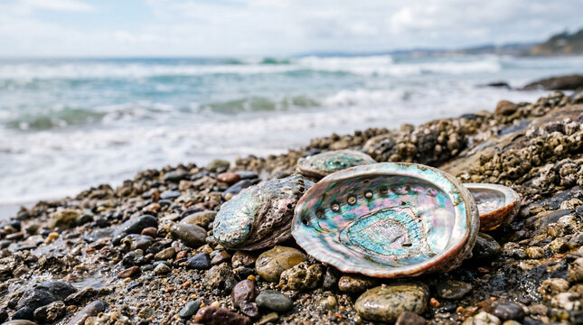 Iridescent Abalone Shells Close Up On Textured Shoreline For Elegant Coastal Nature Background Design
