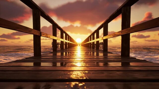 Wooden pier over ocean at golden hour sunset with reflective wet planks and serene horizon view jetty