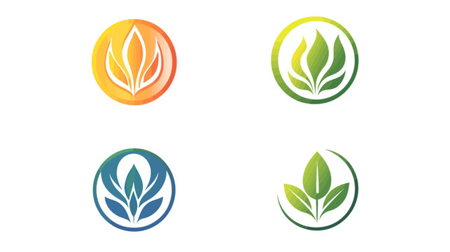 Four circular designs, each featuring stylized leaves with gradient coloring on a white background