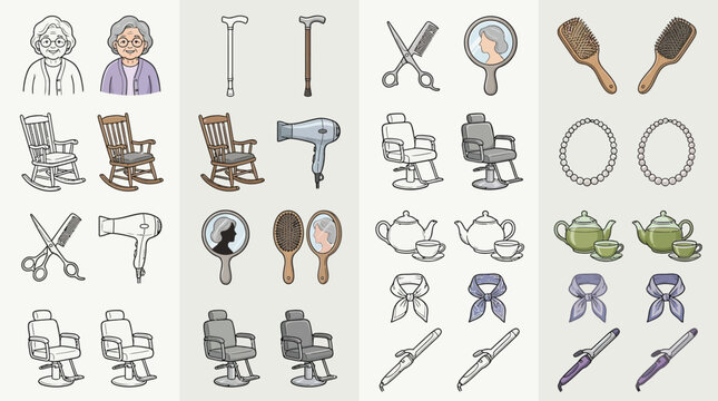 Collection of vintage icons representing items related to beauty salons and elderly care.
