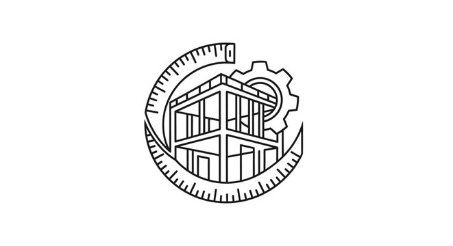 House with gear and ruler logo.